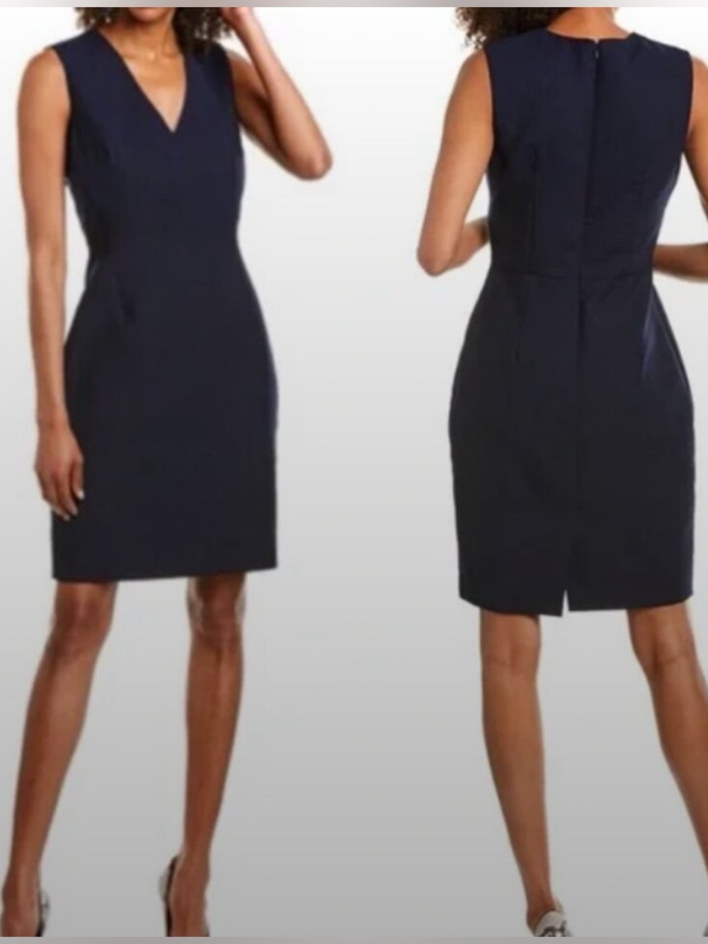 Reiss Navy V-Neck Sheath Midi Dress Gold Zip Front size 0